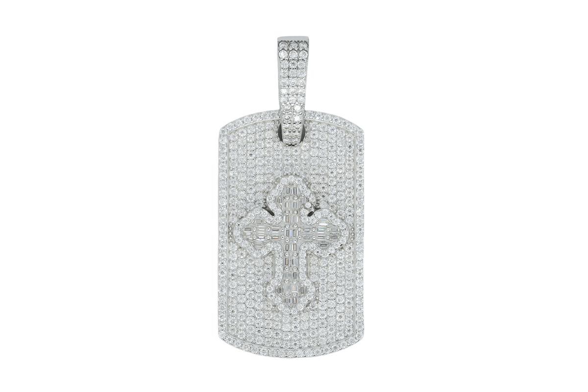 Round And Baguette VVS Moissanite Diamond Tag Cross Pendant - Agoradiant