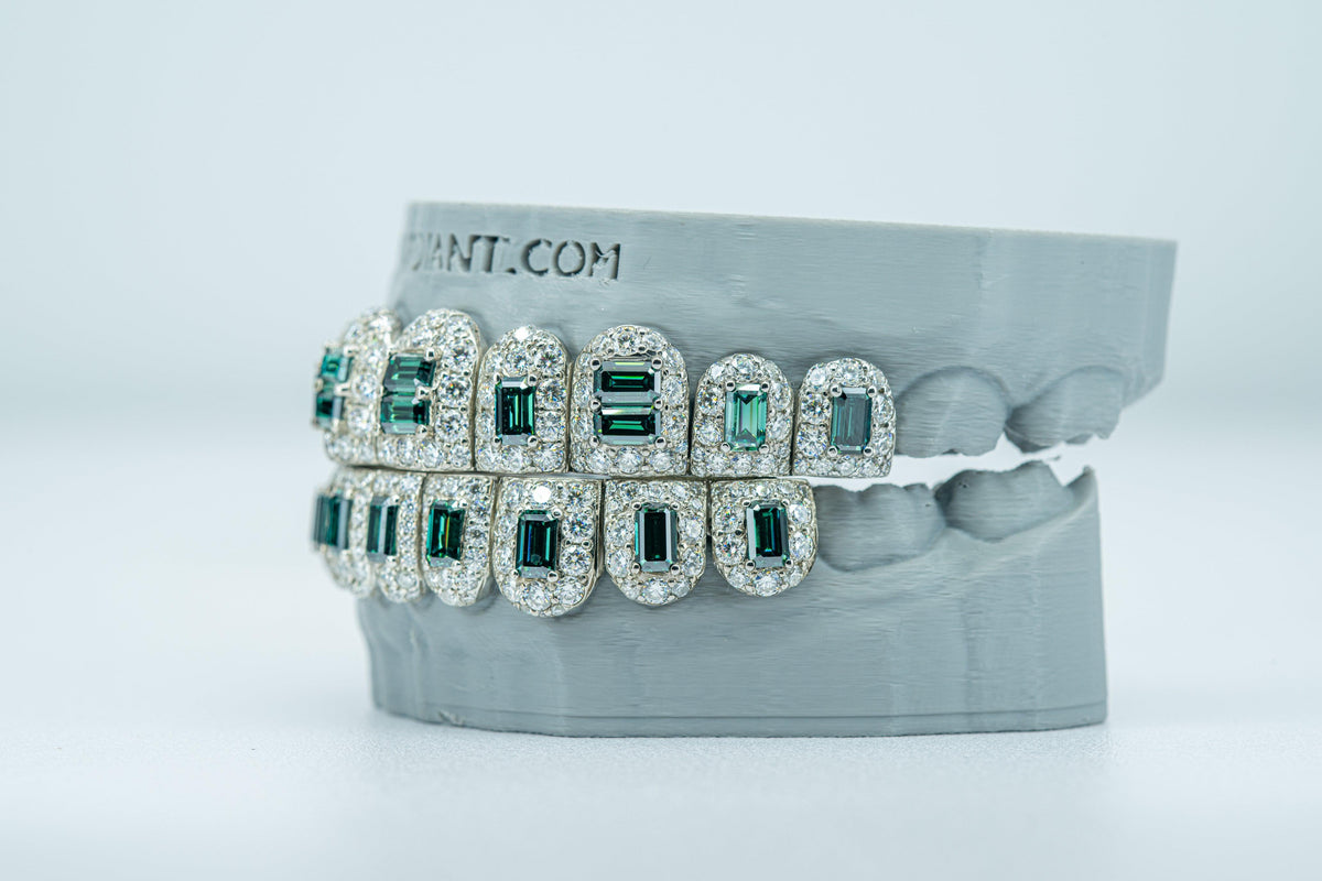 May Birthstone Green Emerald VVS Moissanite Diamond Grillz - Agoradiant