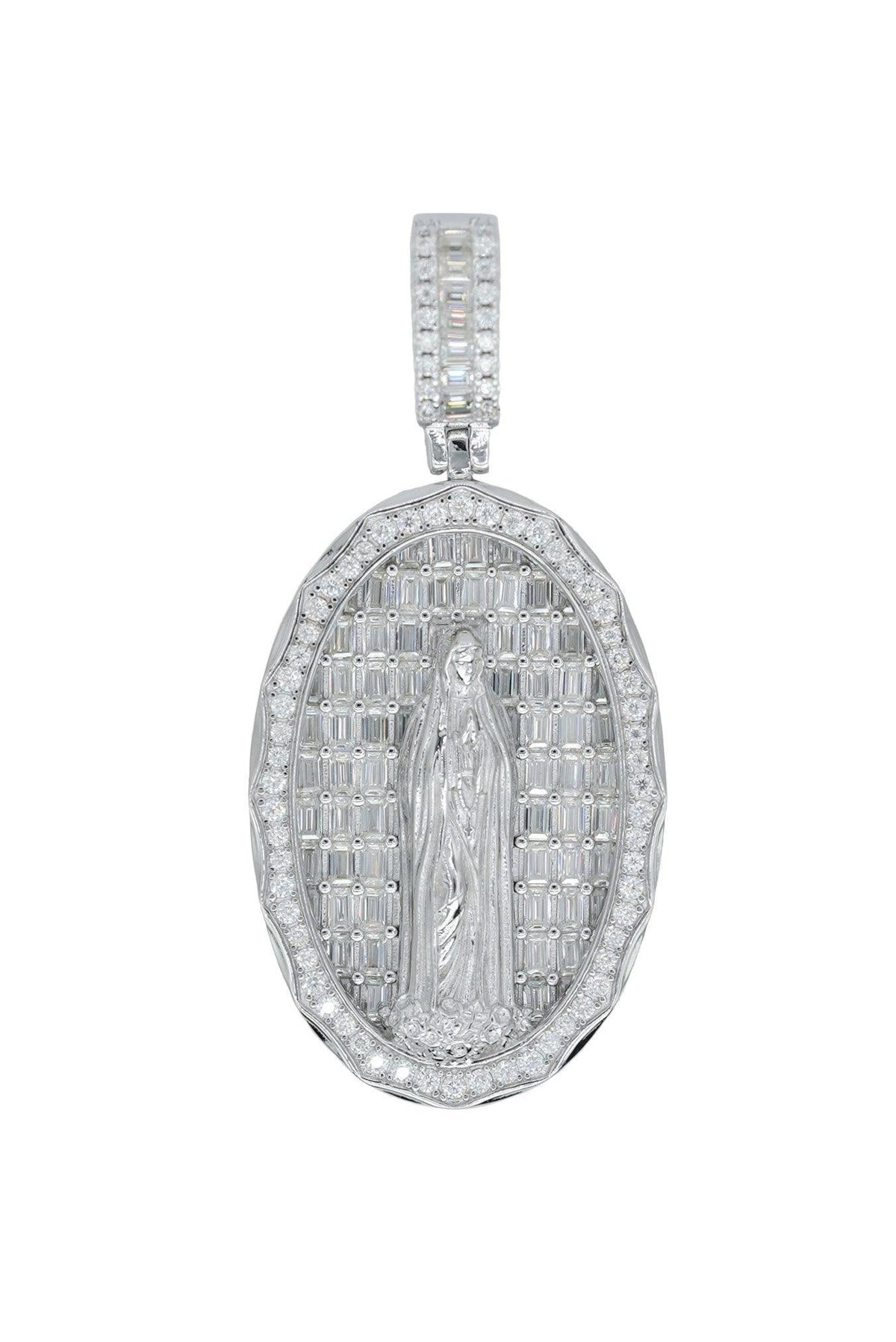 Round And Baguette VVS Moissanite Diamond Virgin Mary Pendant - Agoradiant