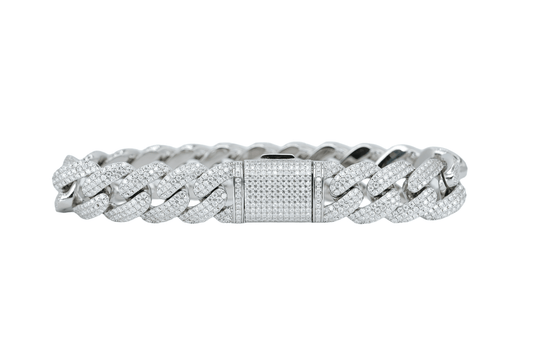 White 14mm Round VVS Moissanite Diamond 3 Row Bubble Cuban Bracelet - Agoradiant