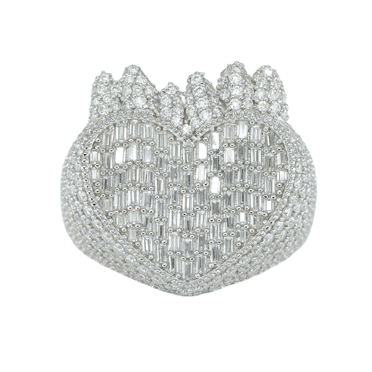 9255:Baguette Center And Round VVS Moissanite Diamond Heart Ring With Crown - Agoradiant