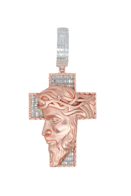 Baguette VVS Moissanite Rose Cross Jesus Pendant
