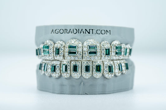 May Birthstone Green Emerald VVS Moissanite Diamond Grillz - Agoradiant