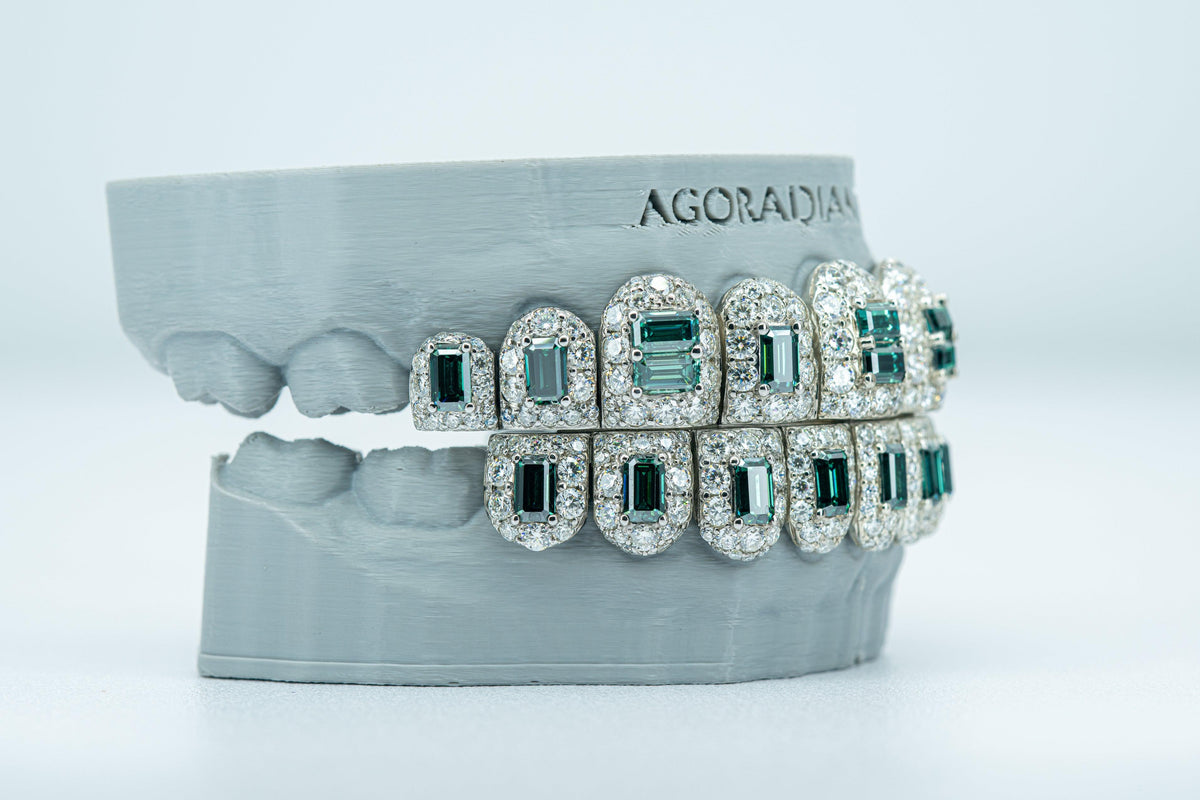 May Birthstone Green Emerald VVS Moissanite Diamond Grillz - Agoradiant