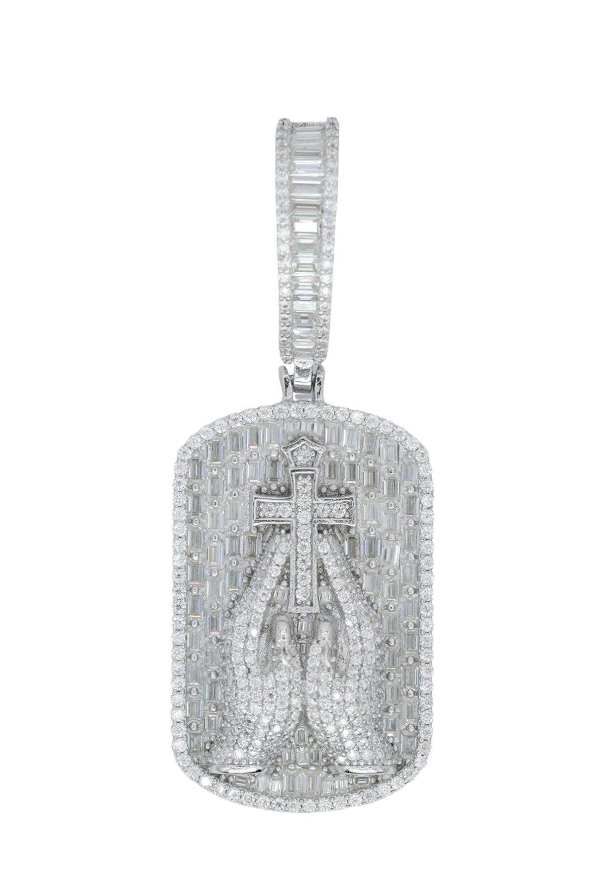 Round And Baguette VVS Moissanite Diamond Praying Hand Tag Pendant - Agoradiant