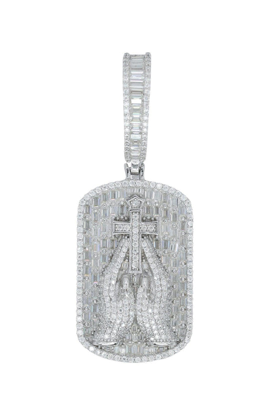 Round And Baguette VVS Moissanite Diamond Praying Hand Tag Pendant - Agoradiant