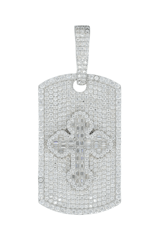 Round And Baguette VVS Moissanite Diamond Tag Cross Pendant - Agoradiant
