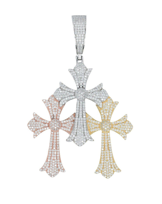 Round VVS Moissanite Diamond Tri Color Cross Pendant - Agoradiant