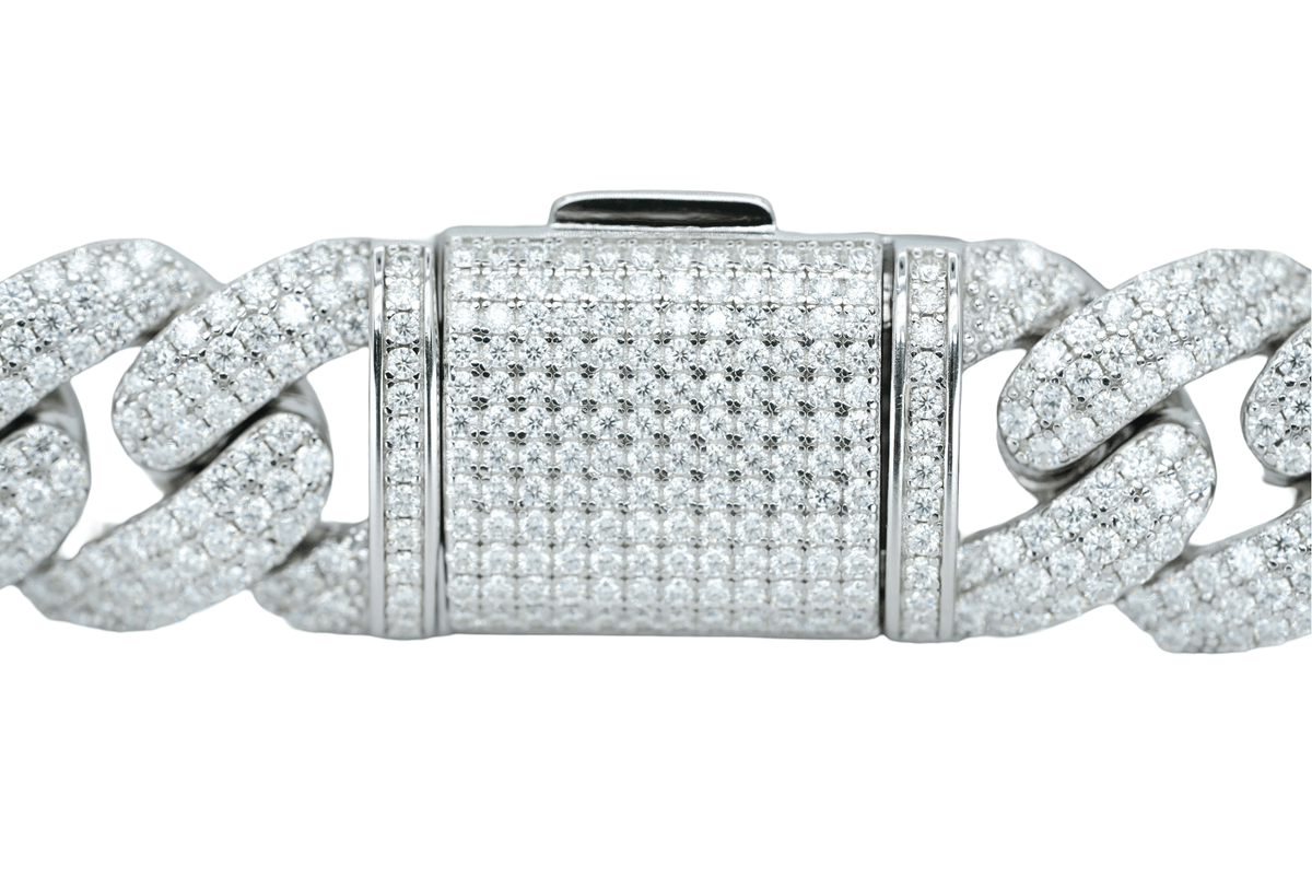 White 14mm Round VVS Moissanite Diamond 3 Row Bubble Cuban Bracelet - Agoradiant